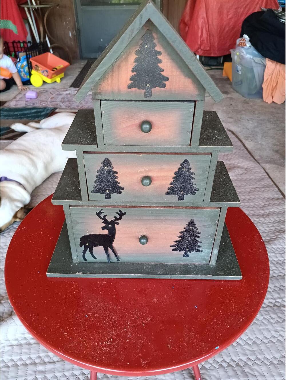 Rustic Wooden Drawer Organizer with Deer and Tree Design